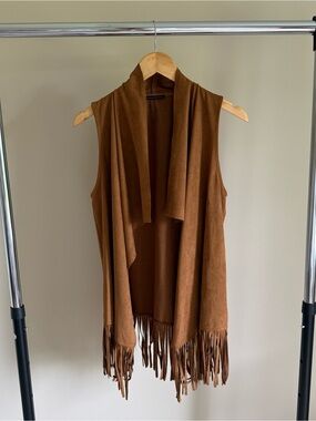 Staccato Brown Fringe Sleeveless Open Front Jacket